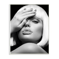 Stupell Home Decor Collection Diamond Lips Fashion Model Crno -bijeli portret drvena zidna umjetnost