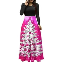 Lepršava haljina s božićnim printom za žene ležerna klasična haljina svečane haljine za zabave božićno drvce duga haljina s okruglim