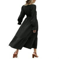 Ženske Ležerne jednobojne crne haljine A kroja s izrezom u obliku slova U i dugim rukavima