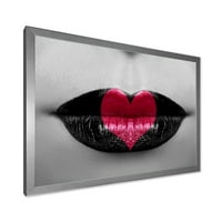 Dizajnerska umjetnost crveno srce u jednobojnim usnama - uokvireni moderni umjetnički tisak