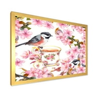 DesignArt 'čaša čaša ptice i ružičasto cvijeće' tradicionalni uokvireni umjetnički tisak