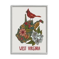 Stupell Industries West Virginia State Kardinal Detaljan cvjetni uzorak grafička umjetnost siva uokvirena umjetnička print zidna