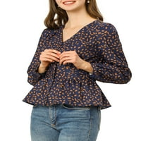 Jedinstvene ponude ženske točkice v Neck dugi rukav elegantni gumb peplum bluza