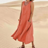 Ženska ljetna modna ležerna jednobojna duga haljina od pamuka i lana bez rukava s džepovima u narančastoj boji 4 inča