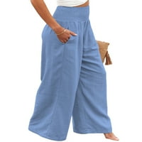 Ženske ljetne hlače s elastičnim strukom, široke široke pamučne lanene Palazzo hlače, plavi omot za plažu