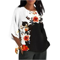 Majice s dugim rukavima za žene ljetne bluze od pamuka i lana s okruglim vratom s cvjetnim printom Slatki vrhovi puloveri širokog