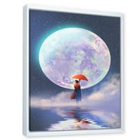 DesignArt 'Djevojka s kišobranom koja stoji na vodi protiv mjeseca' tradicionalno uokvireno platno zidne umjetničke tisak