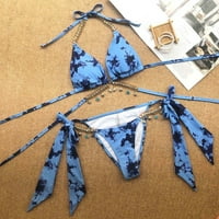 Komplet bikini kupaćih kostima s divljim ženskim seksi printom na dijamantnom lancu s malim zvonom na vezanje u struku (Plava a-line
