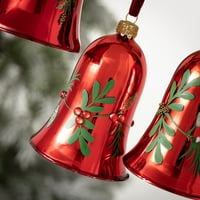 Dekoracija zvona od crvene božikovine set od crvenog stakla 4 inča od 3 seta