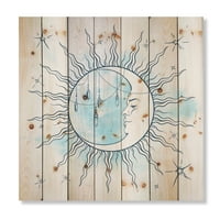 DesignArt 'Plavi polumjesec sa zvijezdama i mjesečevim privjescima' Boemijski i eklektični otisak na prirodnom borovom drvetu