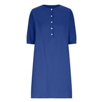 Ženska haljina Plus veličine proljetno-ljetna jednobojna pamučna i lanena ležerna haljina s džepovima na kopčanje u plavoj boji 8