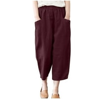 Ženske lanene hlače visokog struka široke ljetne Ležerne široke široke kapri hlače na plaži s džepovima elastični pojas