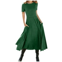 Midi ležerna haljina za žene Ženska ležerna haljina kratkih rukava s okruglim vratom jednobojna ljuljačka boho sklopiva džepna haljina