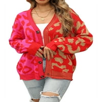 Ženski pleteni kardigan u kontrastnoj boji s leopard uzorkom, krpasti gumbi, pleteni džemper s dugim rukavima, kaput