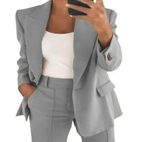 + Ženska kardigan jakna s reverom poslovne jakne ležerni sakoi ženski jednobojni uredski sako u sivoj boji