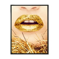 Dizajnerska umjetnost Izbliza zlatnih ženskih usana - Moderni uokvireni zidni tisak na platnu