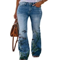 Ženske traperice s cvjetnim printom, donji dio srednjeg struka, Ležerne rastezljive hlače, duge hlače s ravnim nogavicama na kopčanje