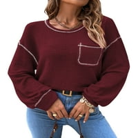 + Ženski široki pulover u boji blokiran u boji, tunika s prednjim džepom, bluza, jesenski pleteni vrhovi s dugim rukavima u bordo
