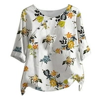 Majice, košulje za žene, pamučne lanene bluze s zasukanim rukavima s cvjetnim printom, ležerni labavi ljetni vrhovi s okruglim vratom