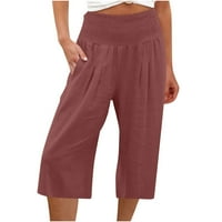 Lanene Capri hlače za Žene Ležerne jednobojne pamučne lanene hlače s elastičnim strukom duge široke hlače široke široke hlače za