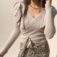 Pleteni džemperi Za Žene, Ležerne široke jednobojne bluze s izrezom i volanima u obliku slova a, zavojna bluza, pleteni džemper,