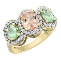 10K žuto zlato, prirodni morganit i zeleni ametist, prsten od 3 kamena, ovalni dijamantni naglasak, veličina 5