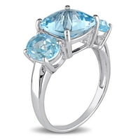 Ženski prsten od sterling srebra s 3 kamena, 8k Topaz, šahovski rez, nebesko plava