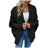 Ženski modni casual pleteni jednobojni kardigan s kapuljačom džemper kaput Crna