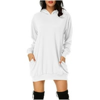 Ženska ležerna bijela jednobojna majica s dugim rukavima s džepom bijela haljina s kapuljačom