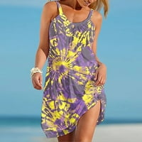 Ženska ljetna seksi sundress Bez rukava s okruglim vratom, Ležerne lepršave haljine Za plažu širokog kroja do koljena, žuta
