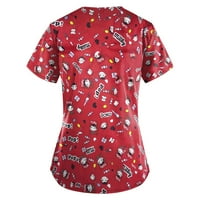 Ženska bluza, ženska modna radna odjeća s izrezom u obliku slova u i kratkim rukavima s džepovima, tiskani vrhovi, Crveni u obliku
